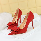 2025 3265-H2 Korean version fashion slim high heels stiletto satin light mouth pointed bow single shoes high heels women's shoes