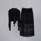 women's clothing suit lapel bubble long-sleeved single-breasted top with lace skirt set black and white