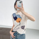 summer new design three-dimensional oil painting high elastic comfortable T-shirt femininity elegant versatile and thin top