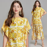 Real shot, summer new golden yellow big flower loose dress, bat straight skirt is thin, loose and comfortable for vacation