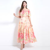 Summer new holiday style dress women's  high-end sense one-word shoulder ruffle edge waist thin floral dress