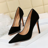 2025 1829-5  style sexy nightclub showing thin super high heel thin heel suede light mouth metal chain pointed women's single shoes