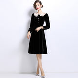 Hepburn Black Long Sleeve Velvet Dress Female Doll Collar Princess Premium Waist Autumn and Winter Small Black Dress Short Dress