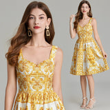 Real shot, positioning flower retro printing three-dimensional tube top suspender dress, back rubber band high waist skirt sexy