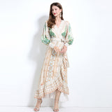 women's clothing spring and summer  court style cross-neck positioning printed lace-up waist ruffle edge dress