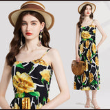 Real shot, summer print, pleated chest, high-waisted slim A-shaped dress, adjustable shoulder straps, chest cotton.