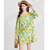 Real shot floral print sexy elastic one-word shoulder long sleeve elastic cuff short sleeve streamer loose dress