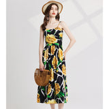 Real shot, summer print, pleated chest, high-waisted slim A-shaped dress, adjustable shoulder straps, chest cotton.