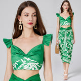 Real shot, summer beach wind contrasting color printed suspender top + strap beach skirt, two-piece fashionable set