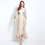 women's clothing spring and summer  court style cross-neck positioning printed lace-up waist ruffle edge dress