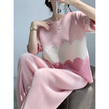 Miyake  summer new color matching bead round neck loose pleated top temperament pullover to cover the meat and look thin T-shirt