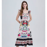 Real shot niche elegant lotus leaf edge suspender high waist pendulum positioning printing A-shaped dress fairy light luxury