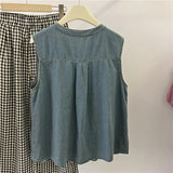 Summer wear a complete set of Hong Kong style denim sleeveless shirt plaid wide-leg pants fashion suit women's retro two-piece set