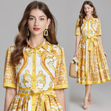 Real shot, summer new product positioning printed lapel strap waist shirt dress, big pendulum A-shaped skirt