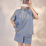 Summer new Chinese style new national style fashion jacquard silk, short-sleeved temperament top and shorts two-piece set M5005