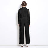 temperament elegant new fashion lapel embroidered hollow shirt high waist thin straight pants trousers two-piece set