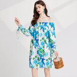 Real shot, floral print, sexy elastic one-word shoulder, long-sleeved elastic cuffs with streamer loose dress