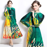 style high-end hollow bead round neck lantern sleeve strap waist temperament long printed pleated dress