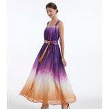 Real shot rainbow gradual change with belt short sleeves slim fit loose pleated suspender high waist big swing dress