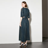 Retro denim dress women's heavy industry embroidery bubble sleeve design sense breasted slim long temperament dress skirt