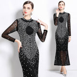 style sexy hot girls dress women's long-sleeved crew neck mesh stitching diamond-set slim-fitting slim-looking hip-wrapped dress tide