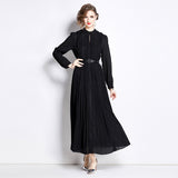 Premium temperament black dress women's belt lace long dress round neck pleated skirt dress dress long sleeve skirt spring
