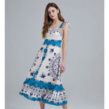 Real shot, summer new elegant positioning printing, high waist lotus leaf edge suspender, big pendulum A-shaped dress