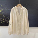 Single-row button-down tie-up elastic-sleeved shirt for women's  summer new lantern sleeves loose small bag buckle sunscreen top