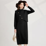 Real shot, fashionable thickened personalized semi-turtleneck bottomed knitted vest + long-sleeved dress, two-piece set