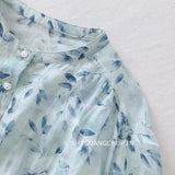Shirt women  summer new loose large size retro stand-up collar literary fresh blue floral seven-quarter sleeve top