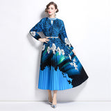 women's clothing niche elegant dress  new hollow bead round neck waist printing pleated long skirt