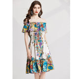 Real shot, sexy off-the-shoulder ruffle edge one-word shoulder, rubber band elastic waist, ruffle edge hem A-shaped skirt