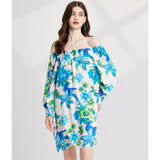 Real shot, floral print, sexy elastic one-word shoulder, long-sleeved elastic cuffs with streamer loose dress