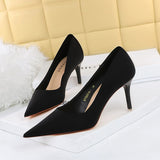 2025 18249-A2 Korean version Spring and autumn fashion simple thin heel high heel light mouth pointed satin high heels women's shoes single shoes