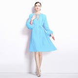 style women's clothing new dress popular autumn high-end sense diamond-encrusted hollow round neck fluffy sleeve pleated long dress