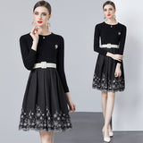 Spring women's clothing popular new black knitted splicing printing pleated dress spring wear high-end sense