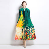style high-end hollow bead round neck lantern sleeve strap waist temperament long printed pleated dress