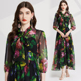Real shot, light luxury and elegant printed strap waist Tencel dress, slim and swinging A-shaped skirt, Popular style