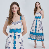 Real shot, summer new elegant positioning printing, high waist lotus leaf edge suspender, big pendulum A-shaped dress