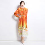 style high-end hollow bead round neck lantern sleeve strap waist temperament long printed pleated dress