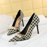 2025 9283-A1  fine heel high heel shallow mouth pointed head cloth surface plaid pattern thousand bird grid metal chain pearl single shoes