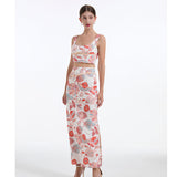 Real shot split design sense lines floral metal short sleeves temperament even elegant dress two-piece fashion