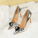 2025 18249-K91  style banquet super high heel women's single shoes patent leather metal bow splicing stiletto high heels
