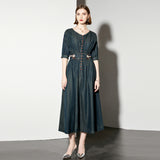 Retro denim dress women's heavy industry embroidery bubble sleeve design sense breasted slim long temperament dress skirt