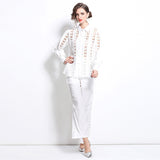 temperament elegant new fashion lapel embroidered hollow shirt high waist thin straight pants trousers two-piece set