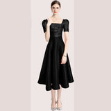Hepburn style temperament solid color pleated waist slim fit big hem solid color square neck dress dress summer