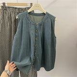 Summer wear a complete set of Hong Kong style denim sleeveless shirt plaid wide-leg pants fashion suit women's retro two-piece set