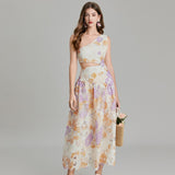Real shot, advanced laser embroidery printing, one shoulder exposed waist closed waist holiday style dress, elegant fairy