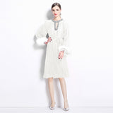 style women's clothing new dress popular autumn high-end sense diamond-encrusted hollow round neck fluffy sleeve pleated long dress