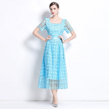Temperament court style first love skirt square collar hollow lace waist thin dress women popular skirt women summer